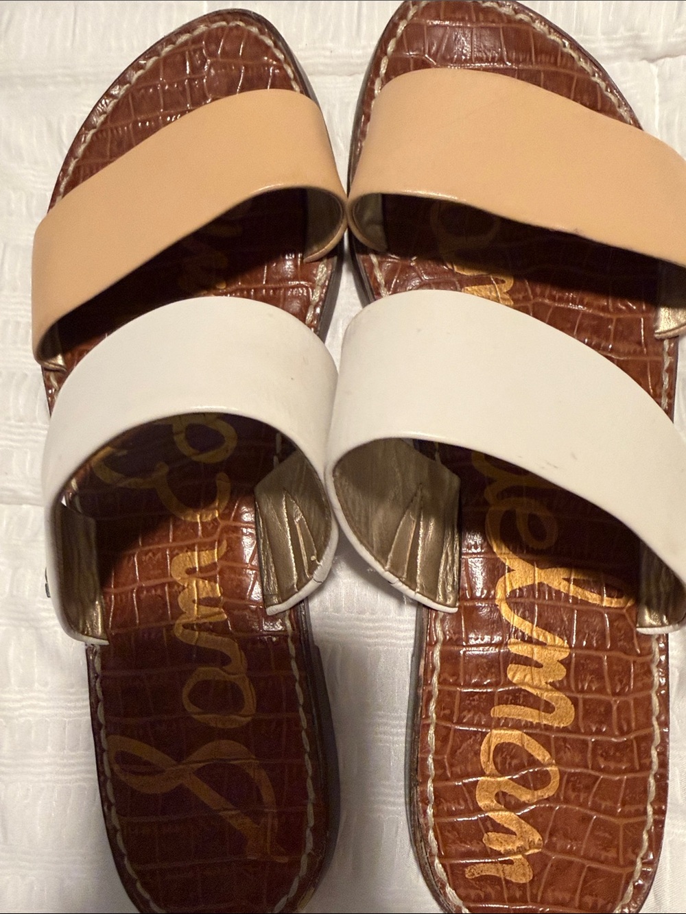 Sam Edelman Two-Band Slide Sandals in Tan, White and Brown Footbed - Picture 6 of 6